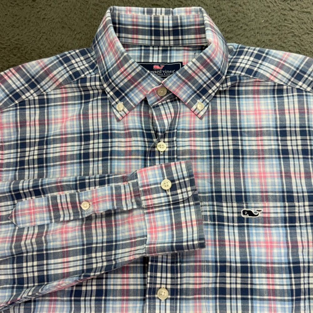 Vineyard Vines Button Down Shirt Mens S Blue Pink Plaid Classic Fit Tucker Shirt